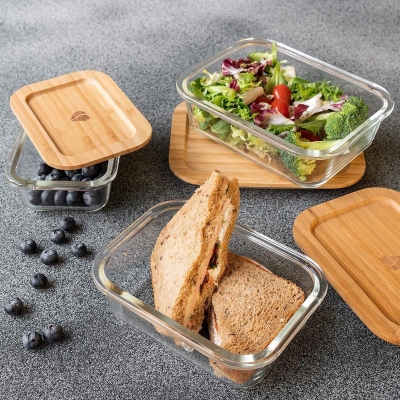 BLISSBORN Rectangular Glass Bowl Store Food Fresh Storage Container with Air Tight Wooden Lid 400 ml 600 ml 800 ml Glass Wooden Fridge Container Pack of 3 clear glass - Image 5