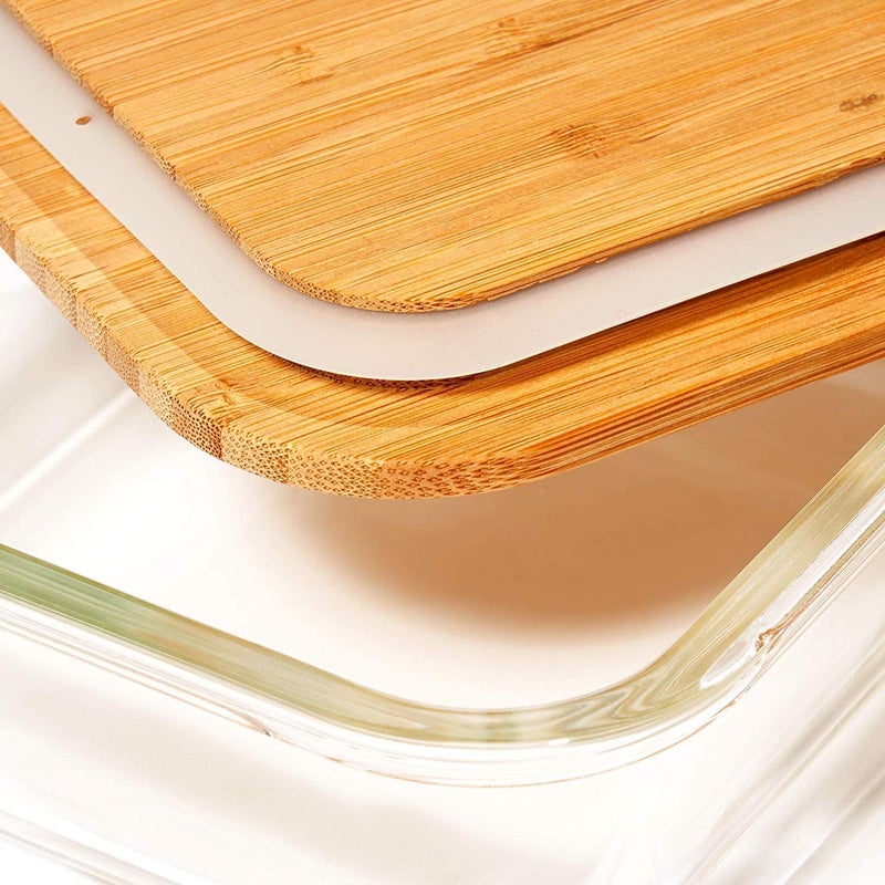 BLISSBORN Rectangular Glass Bowl Store Food Fresh Storage Container with Air Tight Wooden Lid 400 ml 600 ml 800 ml Glass Wooden Fridge Container Pack of 3 clear glass - Image 3
