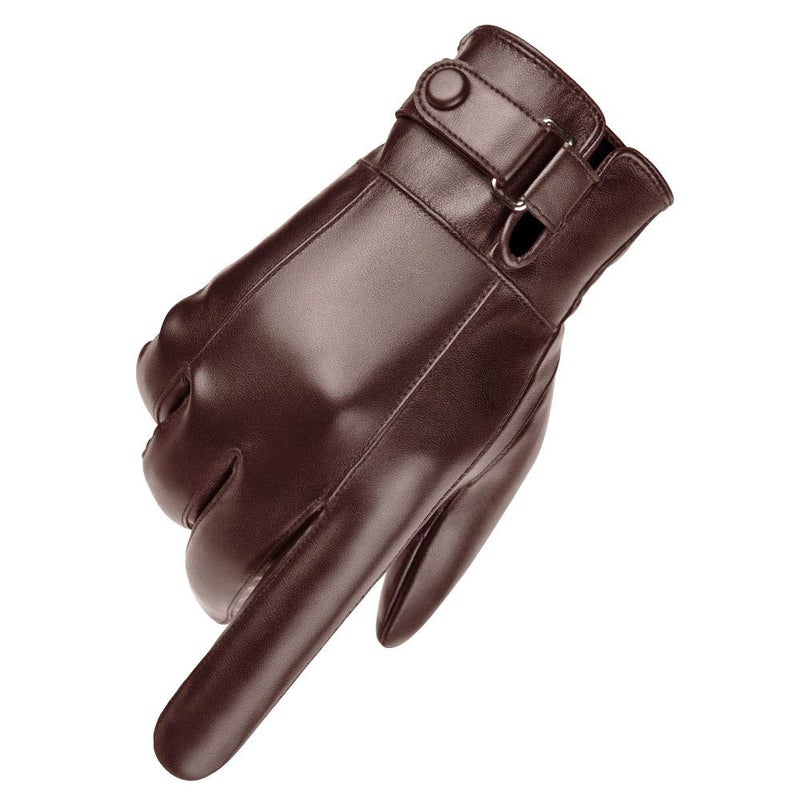 AZYOUNG Men's Winter PU Touch Screen Warm Riding Business Leisure Washed Leather Gloves (Brown) - Image 2