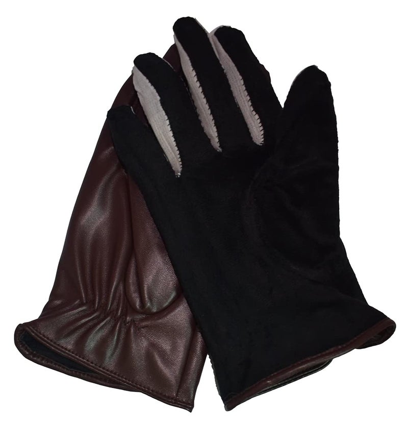 AZYOUNG Men's Winter PU Touch Screen Warm Riding Business Leisure Washed Leather Gloves (Brown) - Image 4