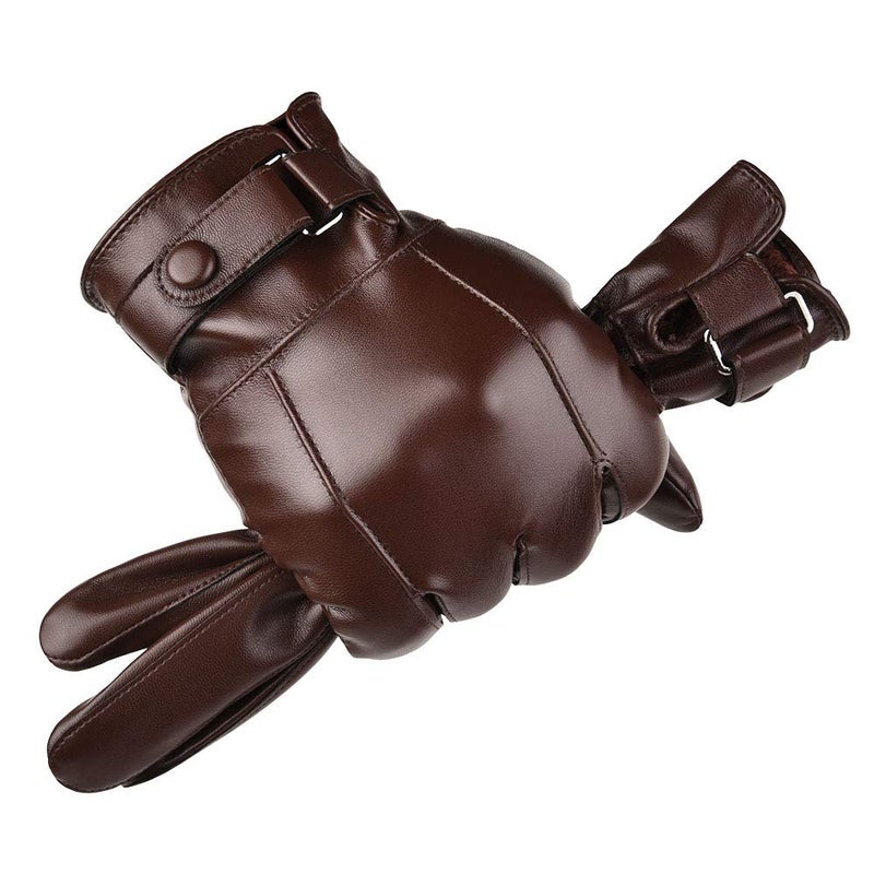 AZYOUNG Men's Winter PU Touch Screen Warm Riding Business Leisure Washed Leather Gloves (Brown) - Image 1
