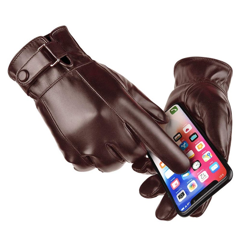 AZYOUNG Men's Winter PU Touch Screen Warm Riding Business Leisure Washed Leather Gloves (Brown) - Image 3