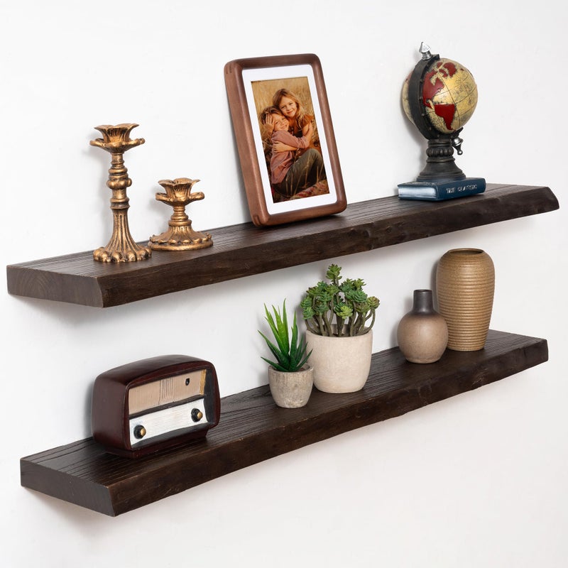 Marsmiles 36 inch Floating Shelves for Wall Elm Wood Live Edge Shelves|Rustic Wall Shelves with Invisible Heavy-Duty Bracket for Bathroom Living Room Kitchen|Walnut, 2 Pack - Image 1