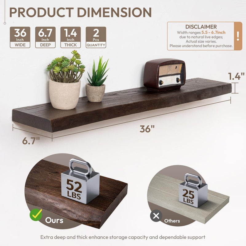 Marsmiles 36 inch Floating Shelves for Wall Elm Wood Live Edge Shelves|Rustic Wall Shelves with Invisible Heavy-Duty Bracket for Bathroom Living Room Kitchen|Walnut, 2 Pack - Image 2
