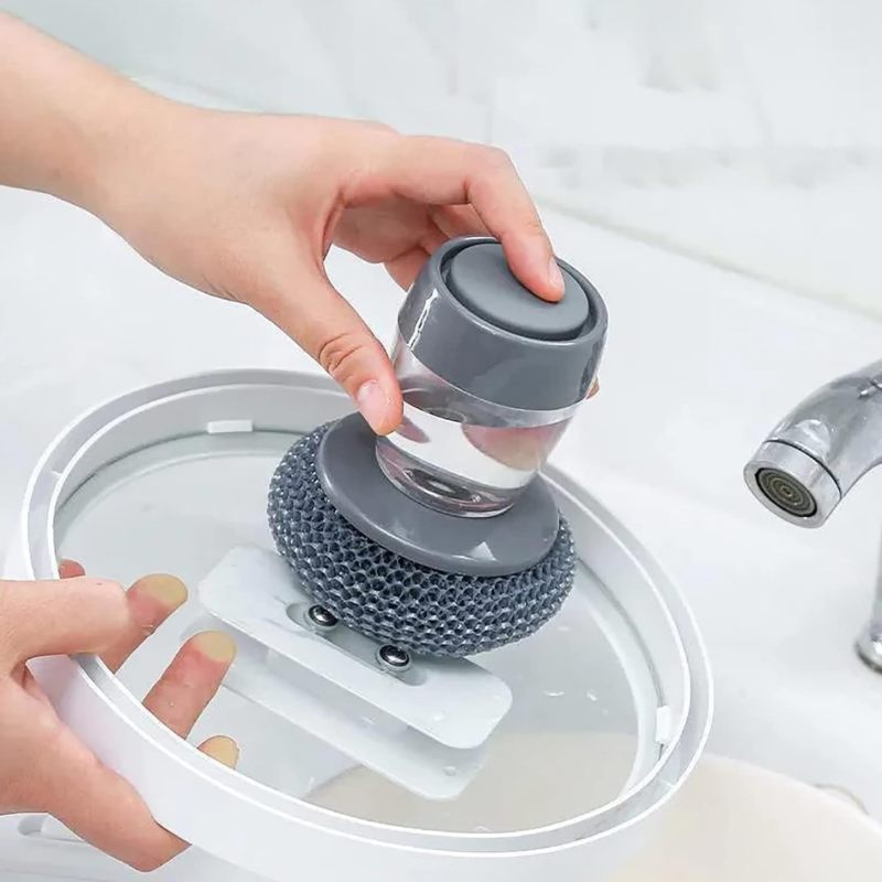Press type liquid dishwashing brush multifunctional pot dish cleaning brush (1 set of liquid PET ball brush +3 replacement balls) Blue - Image 2