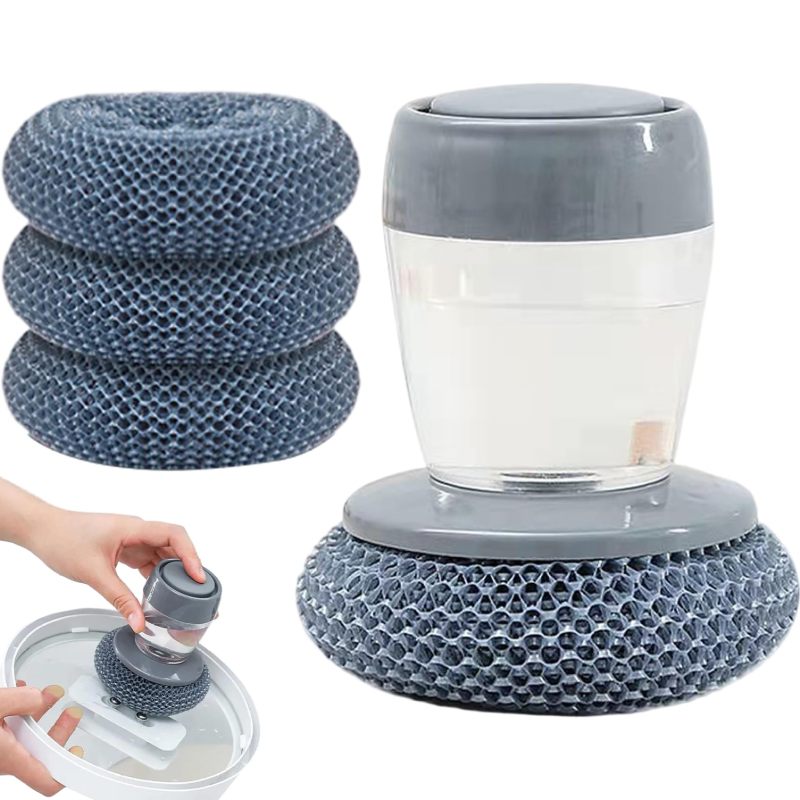 Press type liquid dishwashing brush multifunctional pot dish cleaning brush (1 set of liquid PET ball brush +3 replacement balls) Blue - Image 4