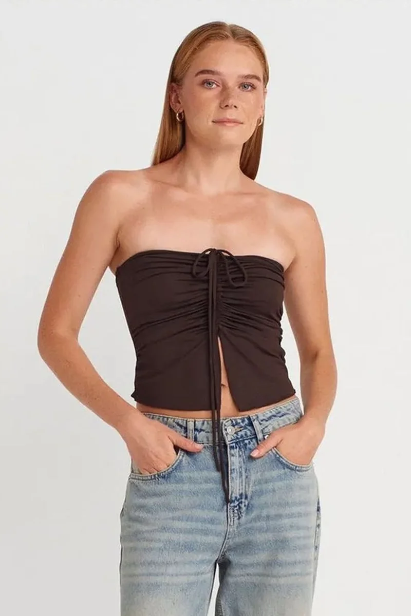 DILVIN Women’s Strapless Crop Blouse With Tie Detail