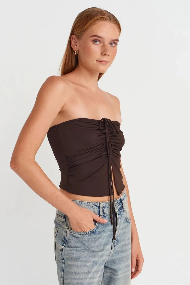 Dilvin Coffee Brown DILVIN Women’s Strapless Crop Blouse With Tie Detail for Women | Best Price UAE