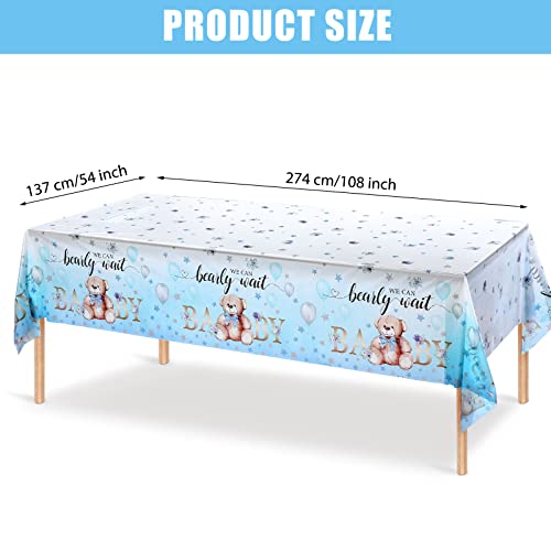 Tegeme Bear Baby Shower Tablecloth Plastic Bear Table Cover We Can Bearly Wait Baby Tablecloth Balloon Star Flower Table Cover for Kids Birthday Party and Baby Shower, 54 x 108 Inch(Blue,3 Pack) - Image 2