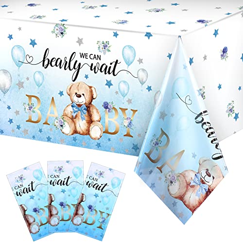 Tegeme Bear Baby Shower Tablecloth Plastic Bear Table Cover We Can Bearly Wait Baby Tablecloth Balloon Star Flower Table Cover for Kids Birthday Party and Baby Shower, 54 x 108 Inch(Blue,3 Pack) - Image 1