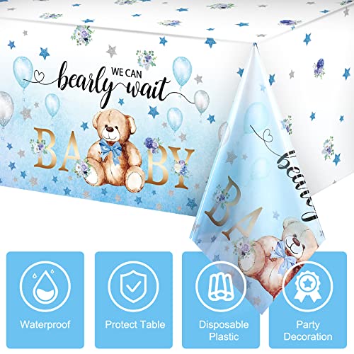 Tegeme Bear Baby Shower Tablecloth Plastic Bear Table Cover We Can Bearly Wait Baby Tablecloth Balloon Star Flower Table Cover for Kids Birthday Party and Baby Shower, 54 x 108 Inch(Blue,3 Pack) - Image 3