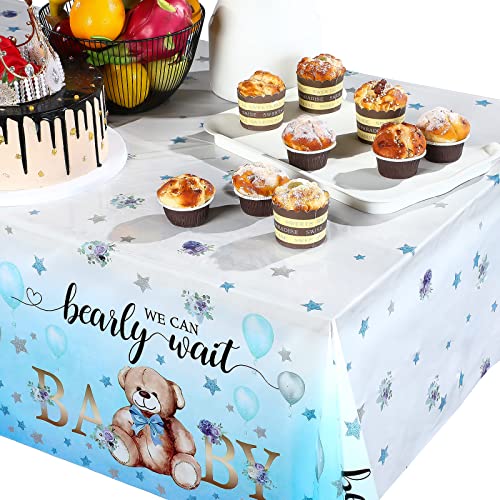 Tegeme Bear Baby Shower Tablecloth Plastic Bear Table Cover We Can Bearly Wait Baby Tablecloth Balloon Star Flower Table Cover for Kids Birthday Party and Baby Shower, 54 x 108 Inch(Blue,3 Pack) - Image 5