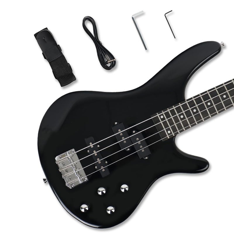 Demusea electric bass guitar full size 24frets standard 4string PJ bass black 34inch scale length maple neck phoenix body fixed bridge 2V 2T control for beginner starter practice show (YIB30) - Image 1