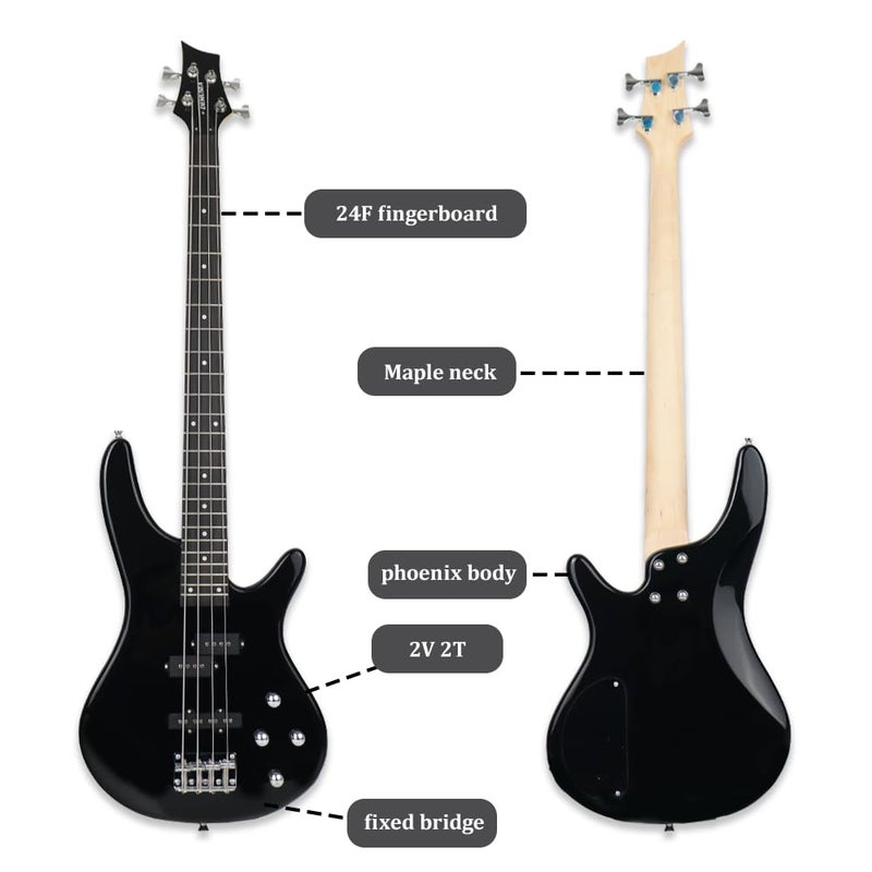 Demusea electric bass guitar full size 24frets standard 4string PJ bass black 34inch scale length maple neck phoenix body fixed bridge 2V 2T control for beginner starter practice show (YIB30) - Image 2