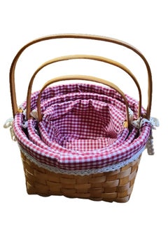Set of 3 Natural Wicker Basket with Double Handles and Washable Gingham Liner