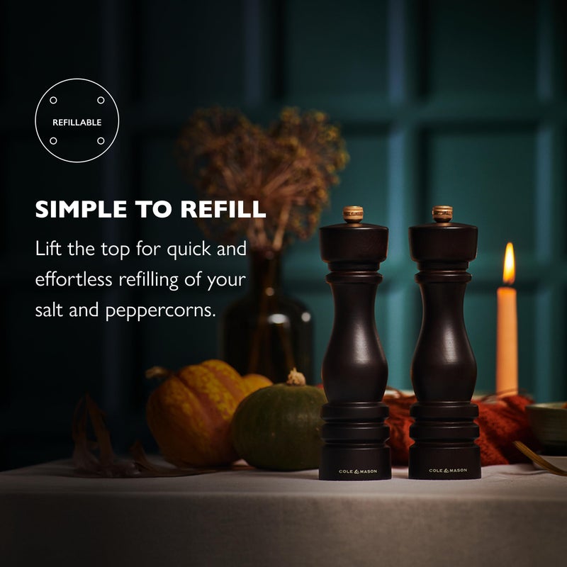 Cole & Mason London Refillable Spice Mill - Kitchen & Home Accessory - Salt & Pepper Grinder Set - Salt Mill with Ceramic Mechanism - Pepper Mill with Carbon Steel Mechanism - 8", Chocolate Wood - Image 5