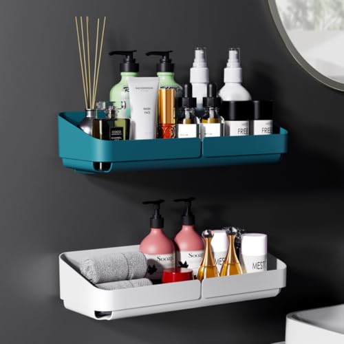 MorivaHomes Self-Adhesive Bathroom Storage Wall Mounted Organiser Holder Shelf Rack/Accessories (White & Dark Green, Pack of 2) - Image 1