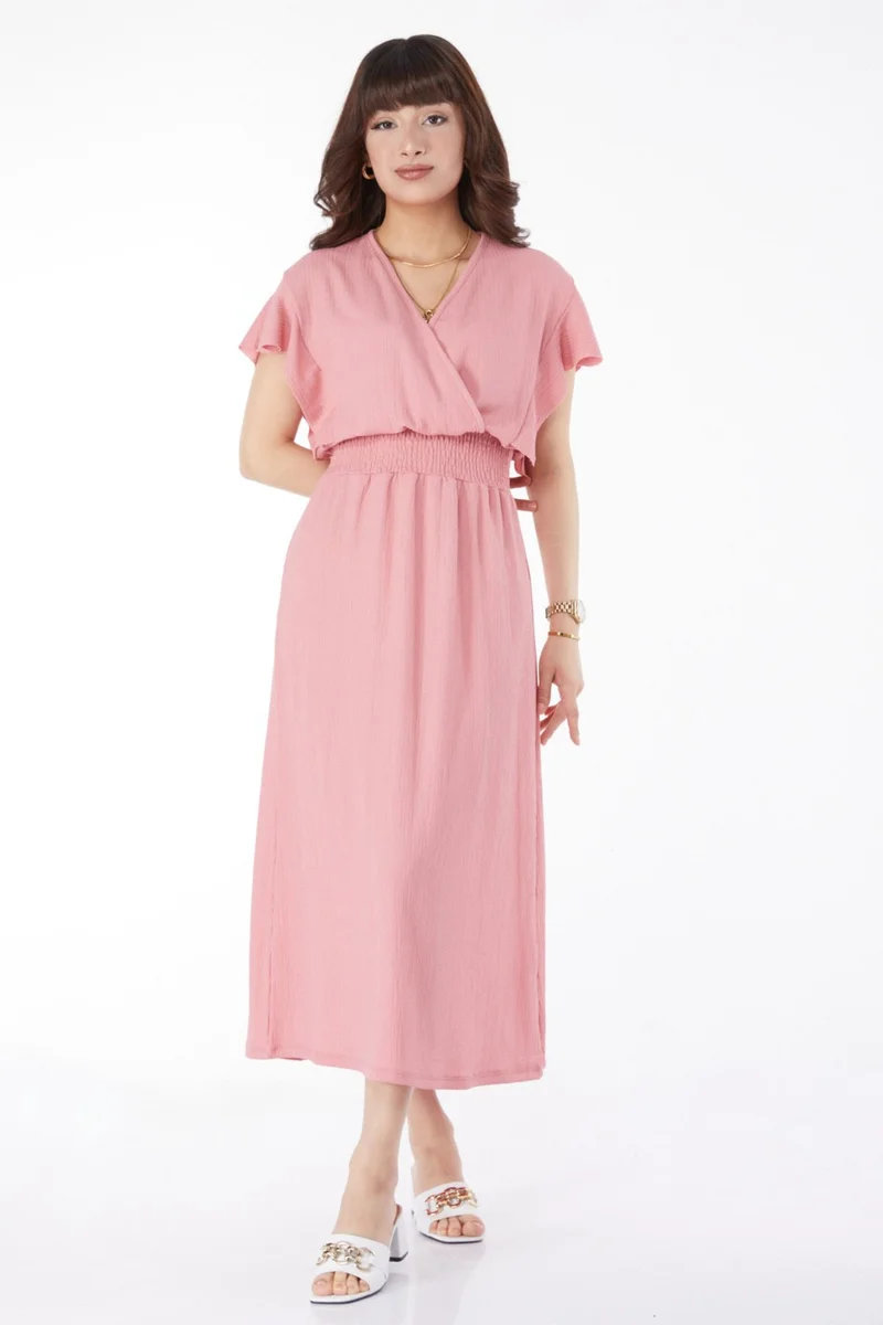Tofisa Plain Double Breasted Women's Pink Elastic Waist Dress - 25112