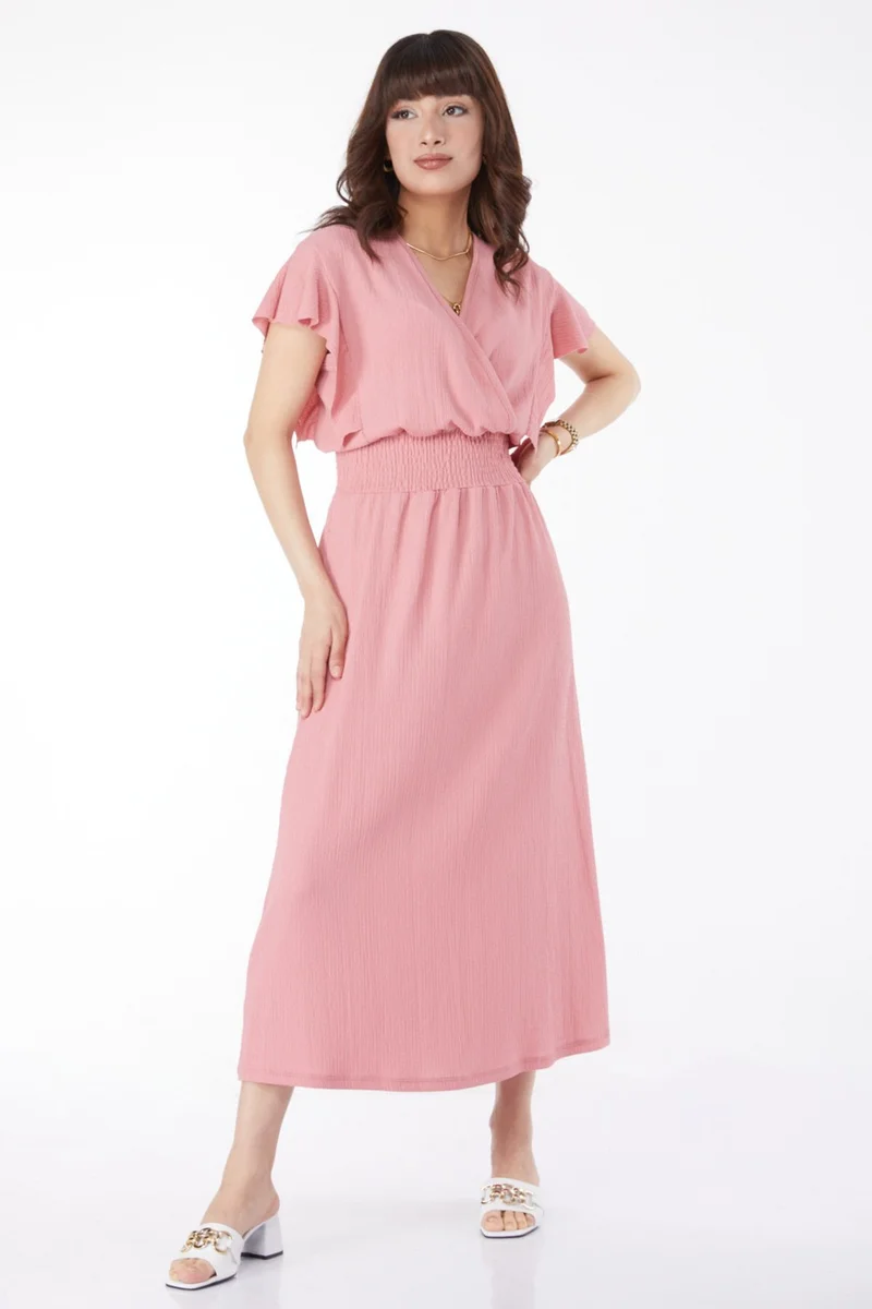 Tofisa Plain Double Breasted Women's Pink Elastic Waist Dress - 25112