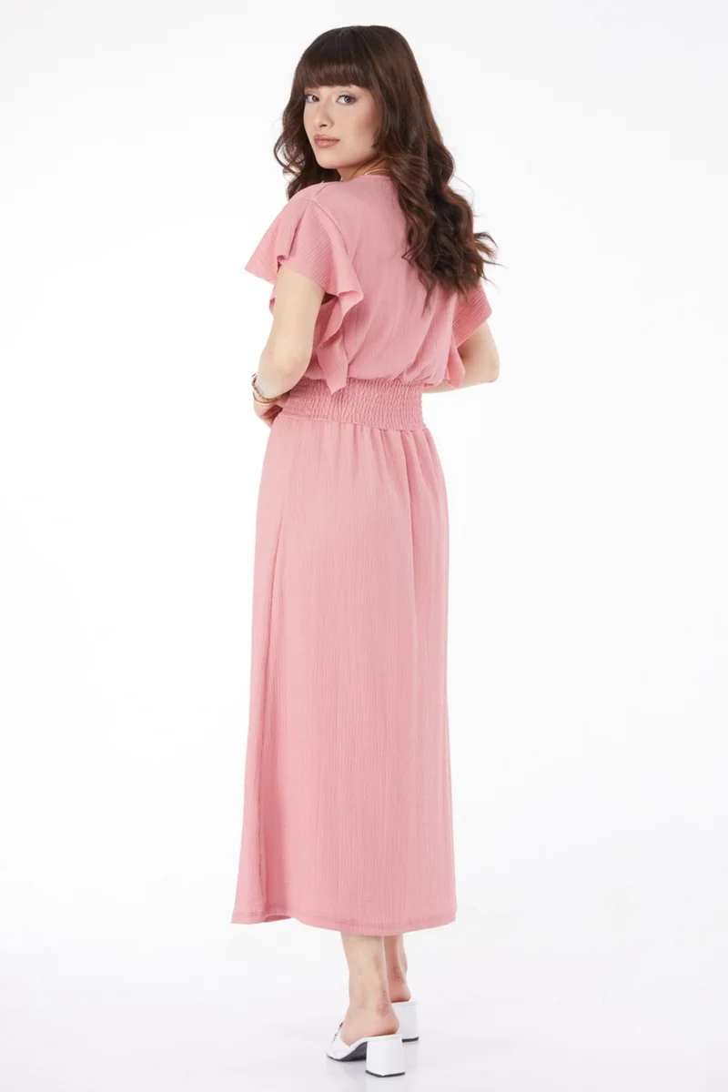 Tofisa Plain Double Breasted Women's Pink Elastic Waist Dress - 25112