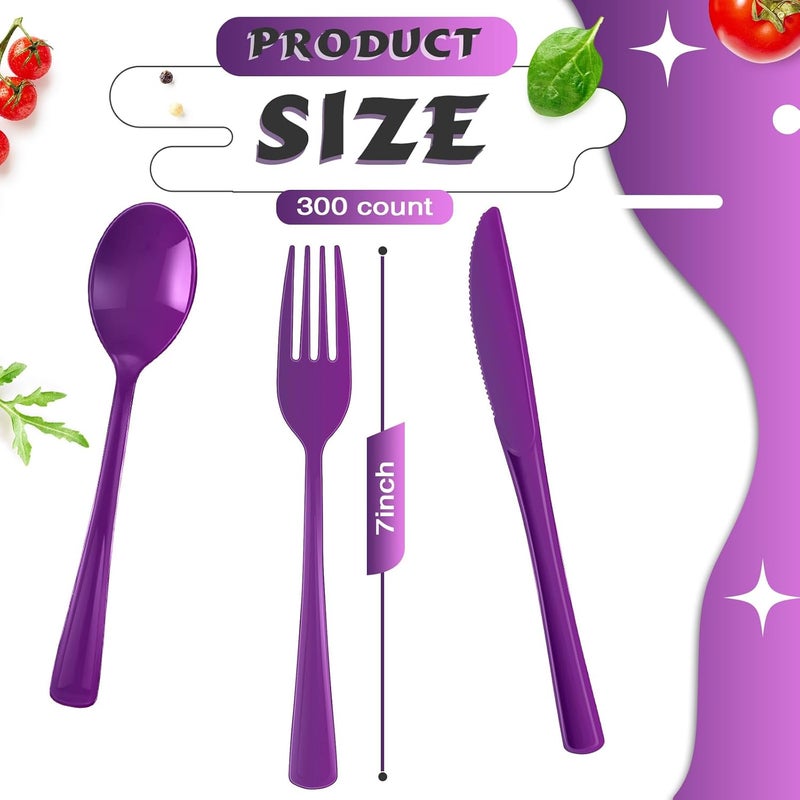 Yinkin 300 Pcs Plastic Silverware Heavy Duty Cutlery Set Plastic Utensils Set Includes 100 Disposable Spoons 100 Forks Knives for Parties Catering Family GatheringPurple - Image 2