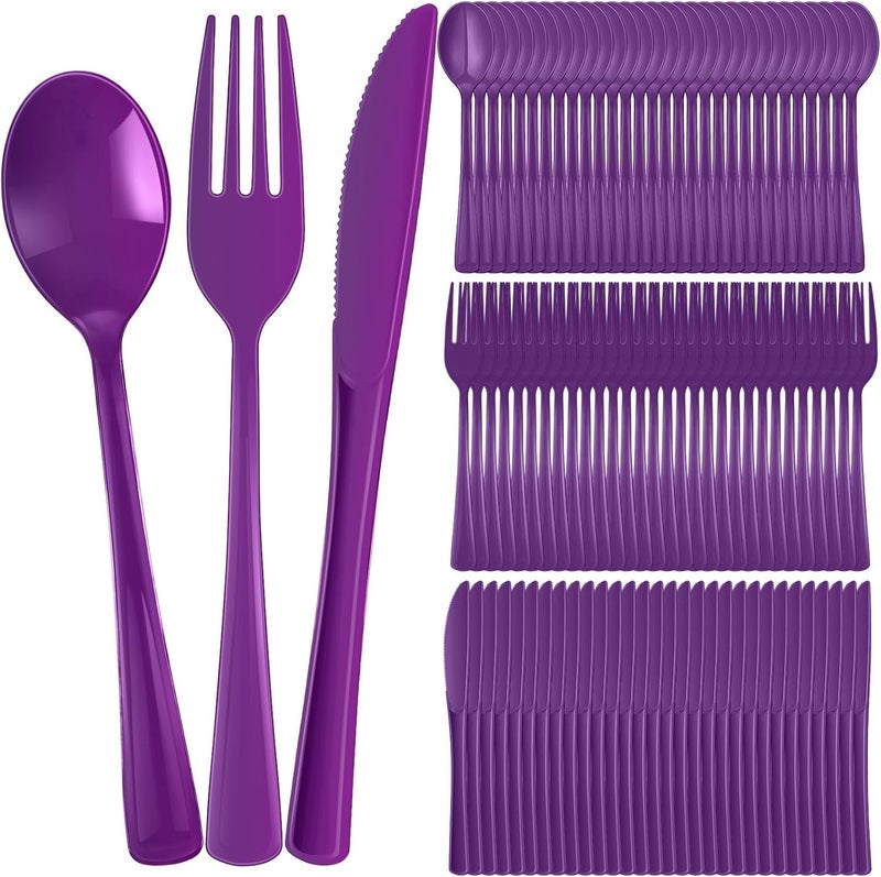 Yinkin 300 Pcs Plastic Silverware Heavy Duty Cutlery Set Plastic Utensils Set Includes 100 Disposable Spoons 100 Forks Knives for Parties Catering Family GatheringPurple - Image 1