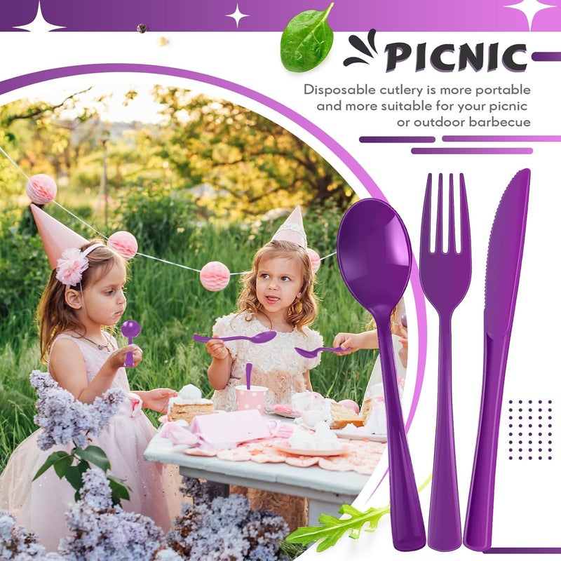 Yinkin 300 Pcs Plastic Silverware Heavy Duty Cutlery Set Plastic Utensils Set Includes 100 Disposable Spoons 100 Forks Knives for Parties Catering Family GatheringPurple - Image 4