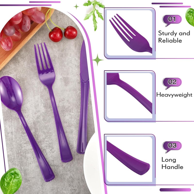 Yinkin 300 Pcs Plastic Silverware Heavy Duty Cutlery Set Plastic Utensils Set Includes 100 Disposable Spoons 100 Forks Knives for Parties Catering Family GatheringPurple - Image 3