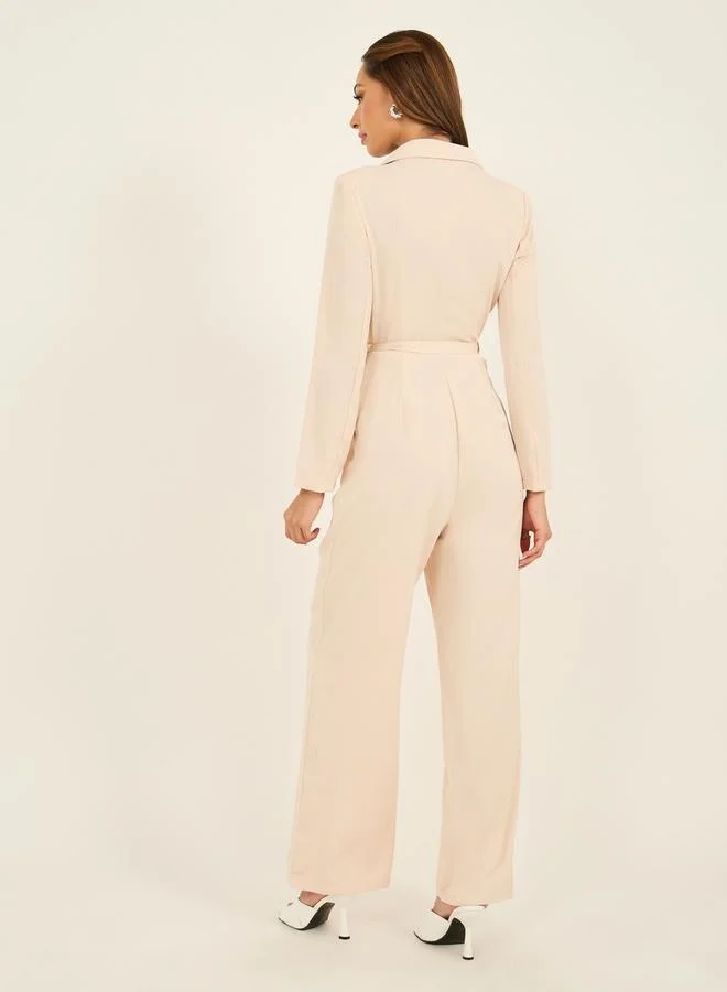 Styli Lapel Collar Straight Leg Jumpsuit with Belt