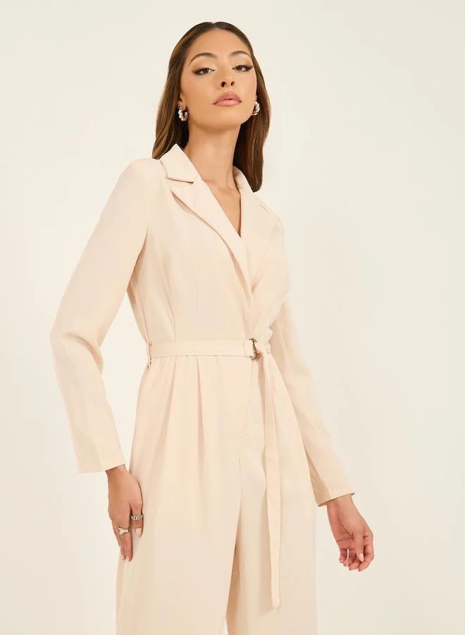 Styli Lapel Collar Straight Leg Jumpsuit with Belt