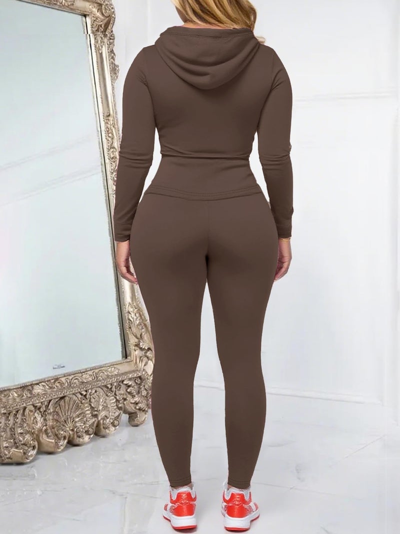 AUXDIO Women 2 Piece Outfits Casual Workout Sets Bodycon Tracksuit Zip Up Long Sleeve Hoodle Jacket Jogger Pants Set Coffee S - Image 4