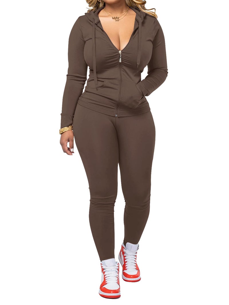 AUXDIO Women 2 Piece Outfits Casual Workout Sets Bodycon Tracksuit Zip Up Long Sleeve Hoodle Jacket Jogger Pants Set Coffee S - Image 1