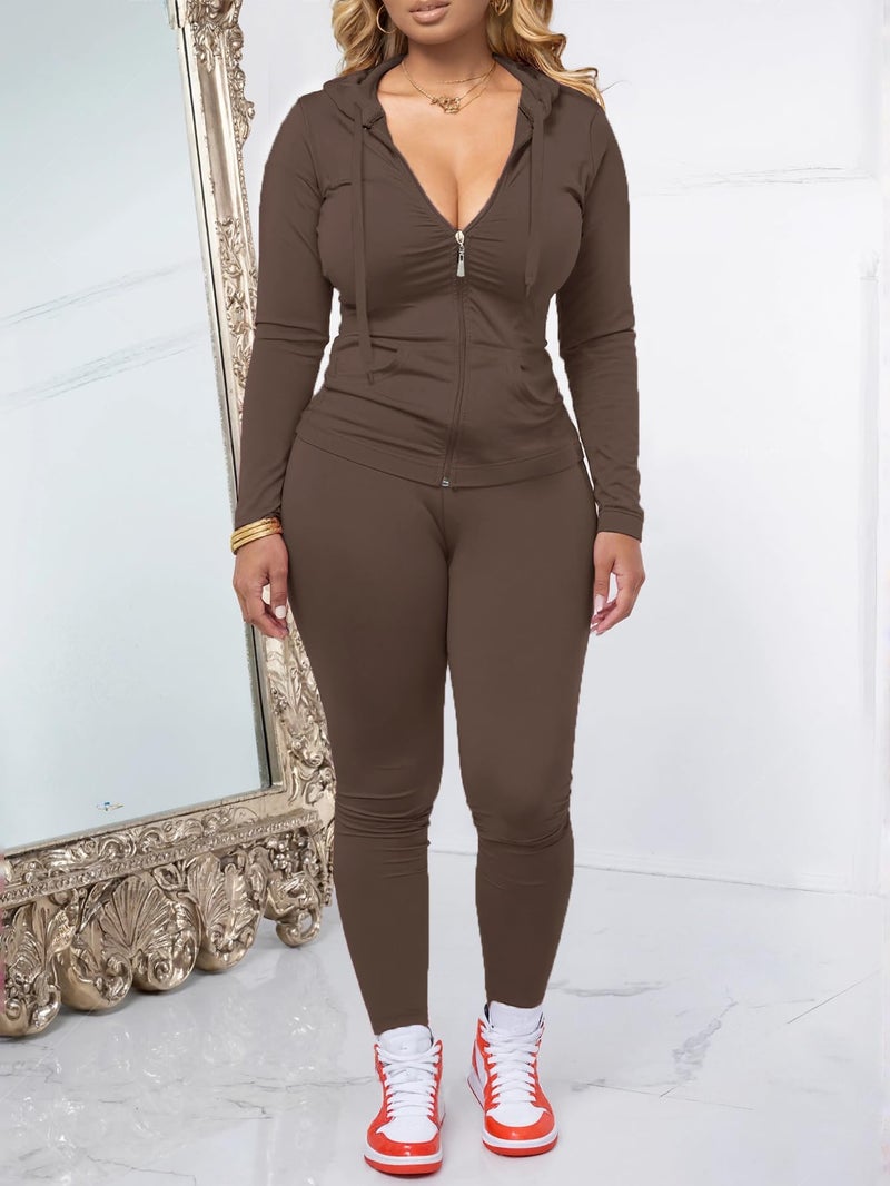 AUXDIO Women 2 Piece Outfits Casual Workout Sets Bodycon Tracksuit Zip Up Long Sleeve Hoodle Jacket Jogger Pants Set Coffee S - Image 2