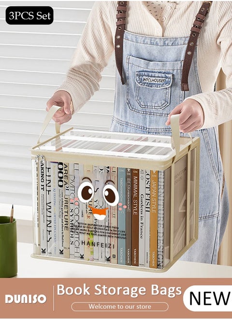 3 Packs Clear Storage Bags for Book, Foldable Clear Organizing Bins, Waterproof  Transparent Storage Box with Zipper and Lifting handle, Large Capacity Dustproof Organizer Bin for Toys Snacks Clothing Comforter