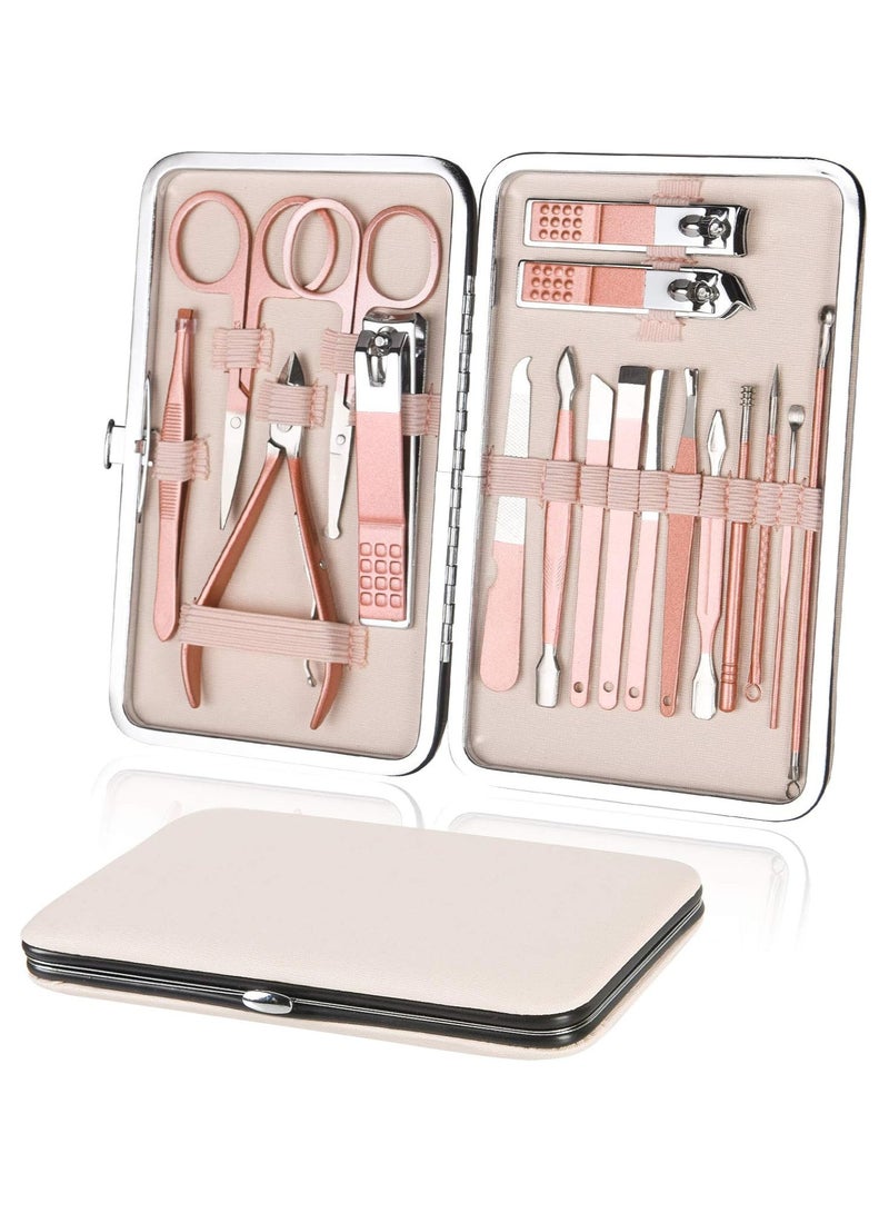 NQOOH 18 in 1 Nail Clipper Set - Professional Nail Care Kit with Professional Grooming Tools and Sharp File Luxury Travel Bag for Men and Women Rose Gold - Image 1