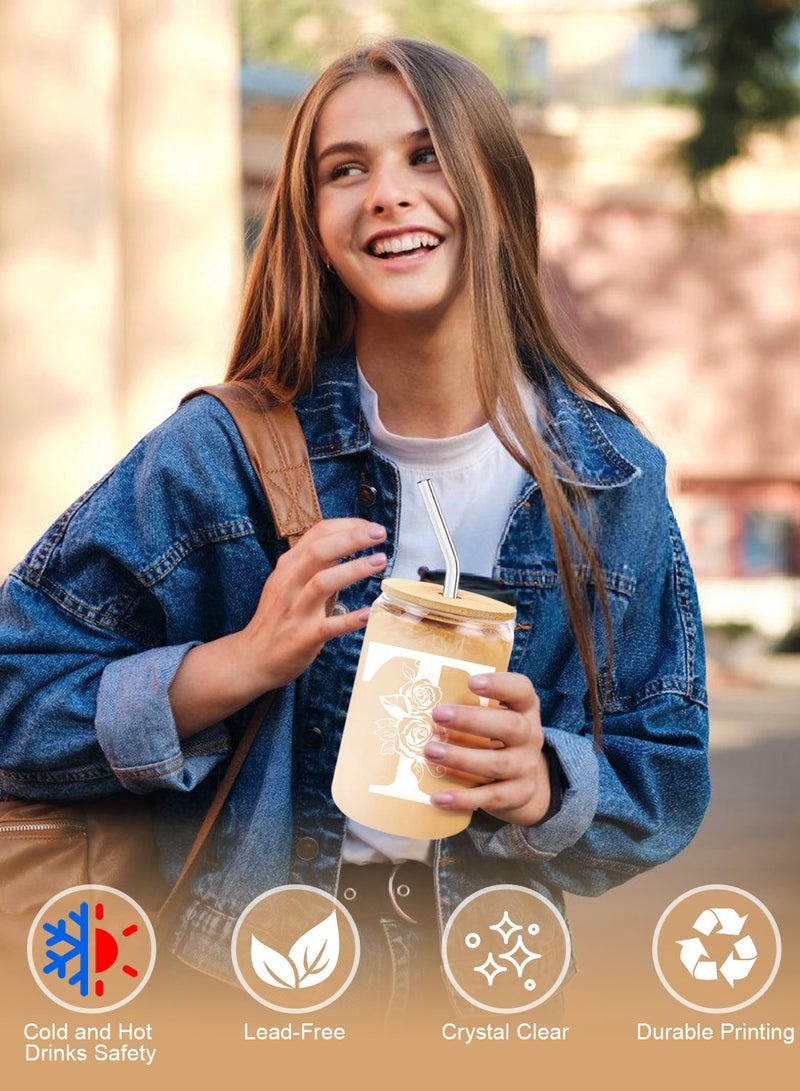 DAMCONME Birthday Gifts for Ladies, Monogrammed Initial Glass Cup Personalized Gifts for Women, 16oz Glass Cups with Lids and Straws, Iced Coffee Cup - Gifts for Birthday,T - Image 3