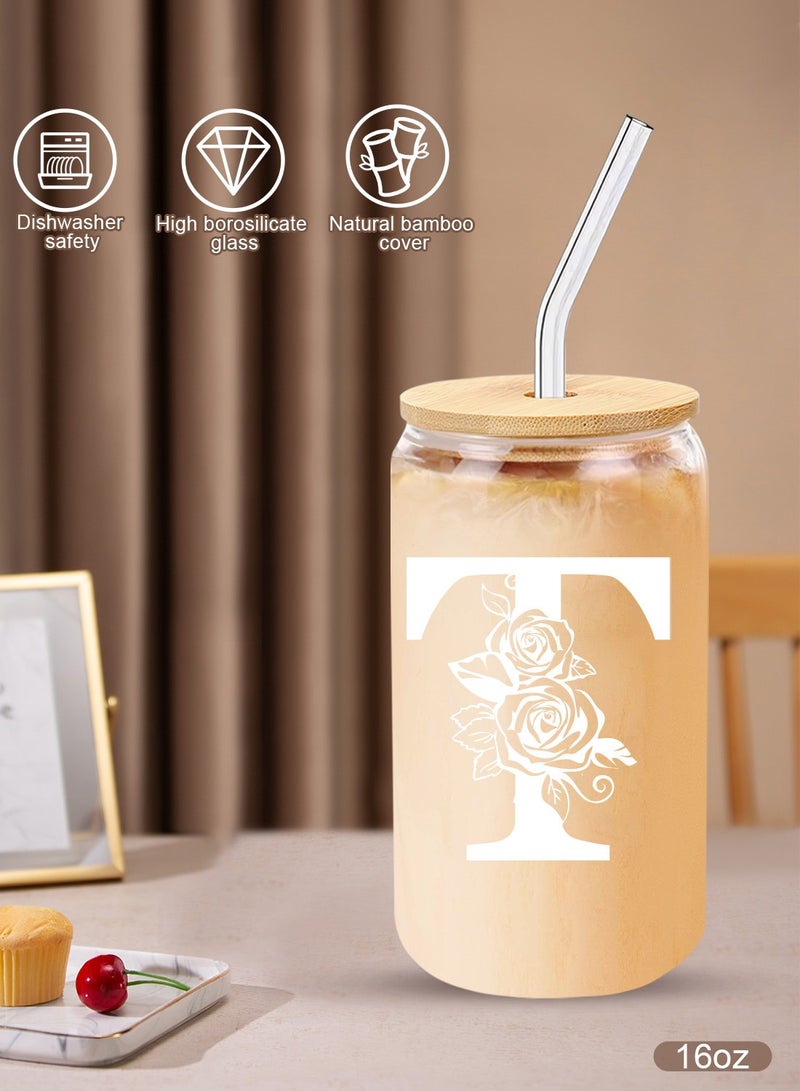 DAMCONME Birthday Gifts for Ladies, Monogrammed Initial Glass Cup Personalized Gifts for Women, 16oz Glass Cups with Lids and Straws, Iced Coffee Cup - Gifts for Birthday,T - Image 2