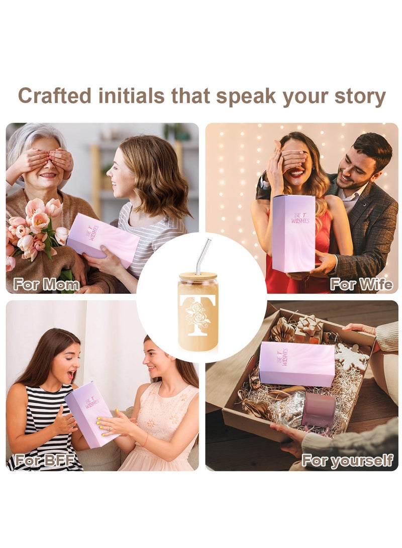 DAMCONME Birthday Gifts for Ladies, Monogrammed Initial Glass Cup Personalized Gifts for Women, 16oz Glass Cups with Lids and Straws, Iced Coffee Cup - Gifts for Birthday,T - Image 4