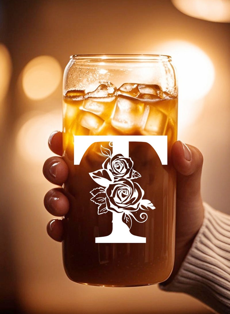 DAMCONME Birthday Gifts for Ladies, Monogrammed Initial Glass Cup Personalized Gifts for Women, 16oz Glass Cups with Lids and Straws, Iced Coffee Cup - Gifts for Birthday,T - Image 5