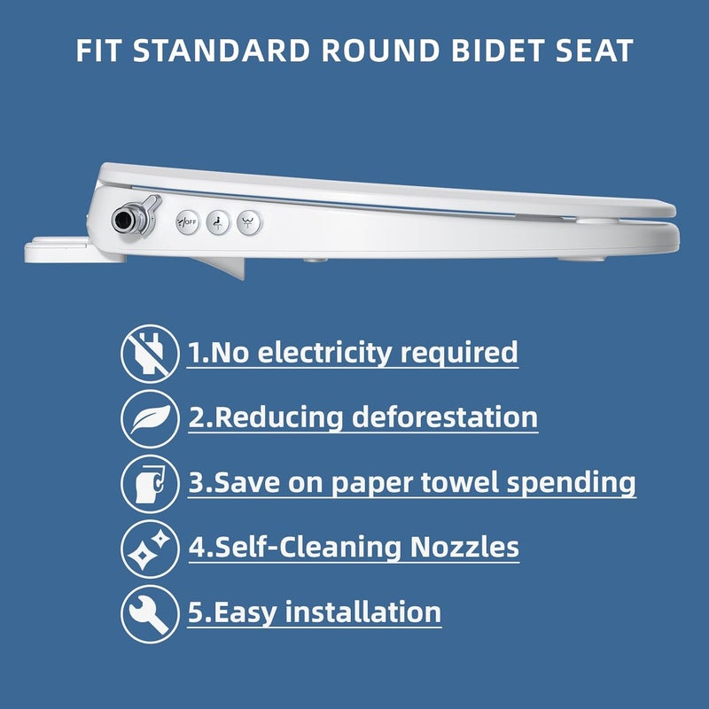 Clirass Bidet Toilet Seat, Soft Close Round Toilet Seat, Button control Feminine/Posterior Wash Switch, Knob Control Water Pressure,White Bidet Seat Attachment with Brass inlet - Image 4