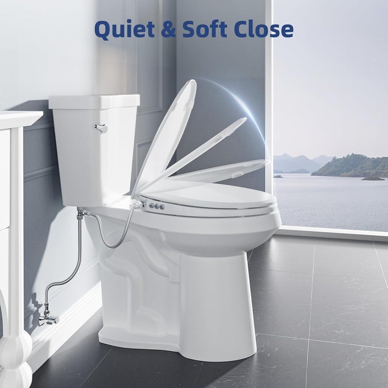 Clirass Bidet Toilet Seat, Soft Close Round Toilet Seat, Button control Feminine/Posterior Wash Switch, Knob Control Water Pressure,White Bidet Seat Attachment with Brass inlet - Image 2