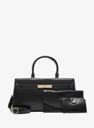 ELLA gold accent printed buckle detail east-to-west structured bag