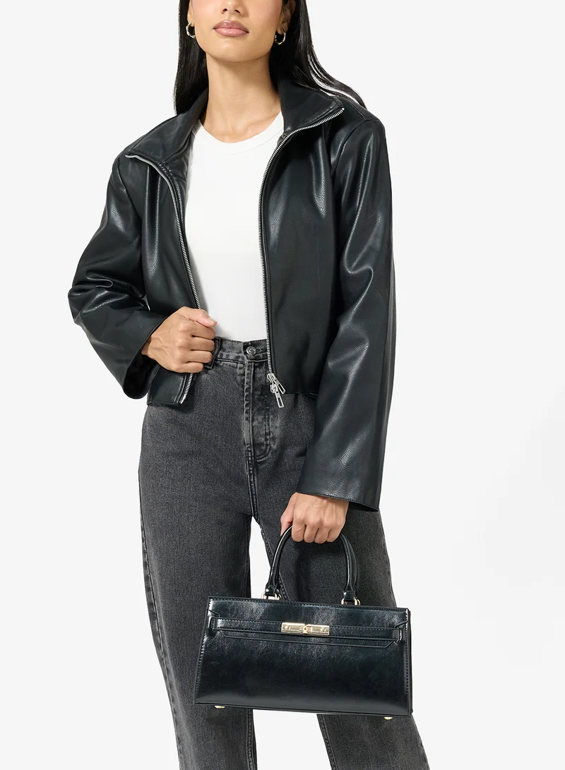 ELLA Gold Accent Printed Buckle Detail East-To-West Structured Bag