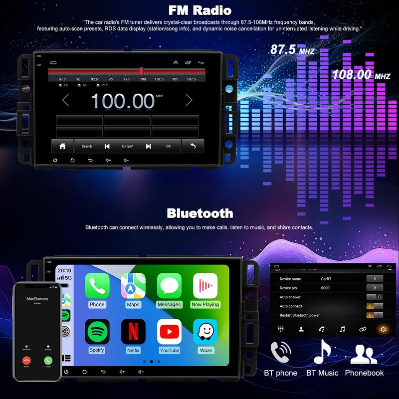 Aitrenlu 5Gwifi Upgrade Car Radio for GMC Sierra Chevy Silverado 1500/2500/3500 2007-2013, Tahoe Yukon 2007-2014, Impala Head Unit 8inch Touch Screen Stereo Apple Carplay Android Auto Bluetooth GPS FM Camera - Image 4
