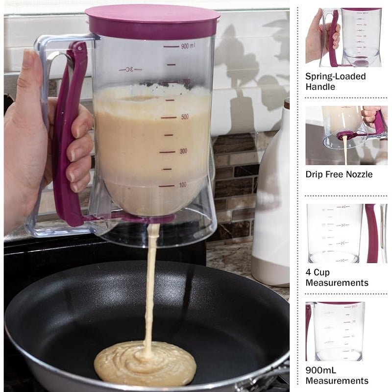 Classic Cuisine Chef Buddy Pancake Batter Dispenser - 4-Cup Batter Dispenser with Squeeze Handle for Pancakes, Waffles, Muffins, and Crepes - Baking Tools (Purple) - Image 2