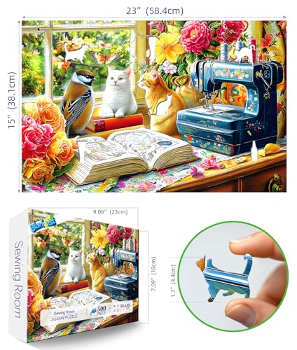 Blueforest 500 Piece Puzzle for Adults Cozy Sewing Room Jigsaw Puzzle Cats Birds Vintage Sewing Machine 23x15 Inch Unique Shaped Pieces Art Puzzle Hard Difficult Challenging Fun Puzzles - Image 5
