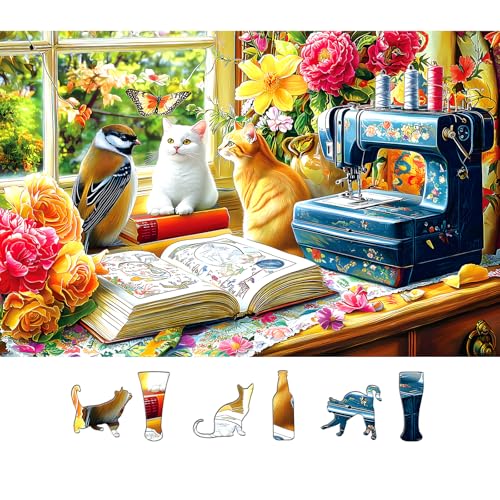 Blueforest 500 Piece Puzzle for Adults Cozy Sewing Room Jigsaw Puzzle Cats Birds Vintage Sewing Machine 23x15 Inch Unique Shaped Pieces Art Puzzle Hard Difficult Challenging Fun Puzzles - Image 1