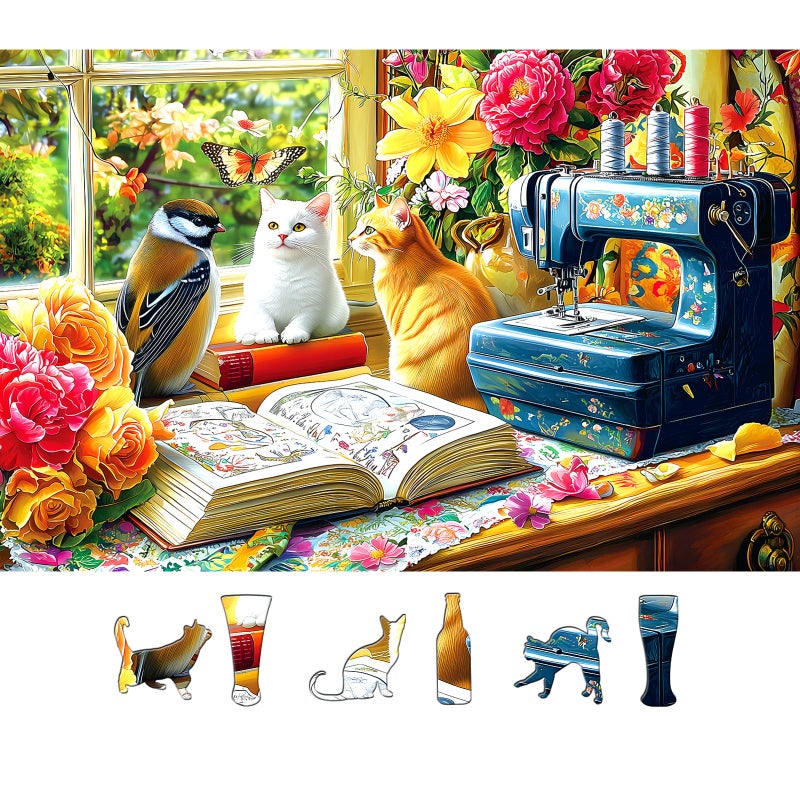 Blueforest 500 Piece Puzzle for Adults Cozy Sewing Room Jigsaw Puzzle Cats Birds Vintage Sewing Machine 23x15 Inch Unique Shaped Pieces Art Puzzle Hard Difficult Challenging Fun Puzzles - Image 3