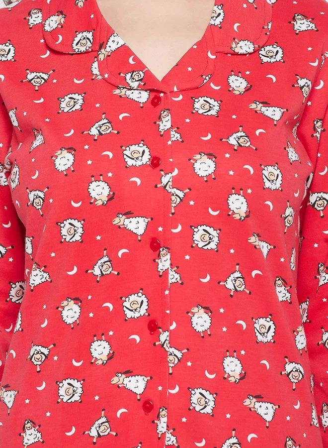 Clovia Clovia Sheep Print Button Down Shirt & Pyjama Set in Red - 100% Cotton