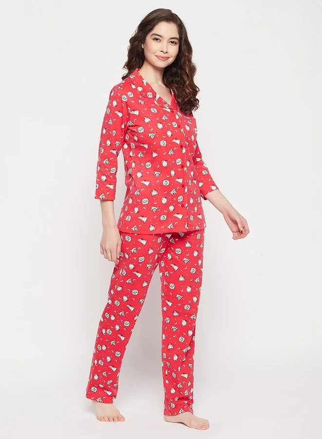 Clovia Clovia Sheep Print Button Down Shirt & Pyjama Set in Red - 100% Cotton